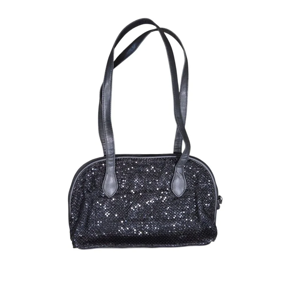 Vintage 80s Whiting & Davis Black Metal Mesh Bowler-Style Shoulder Bag Purse